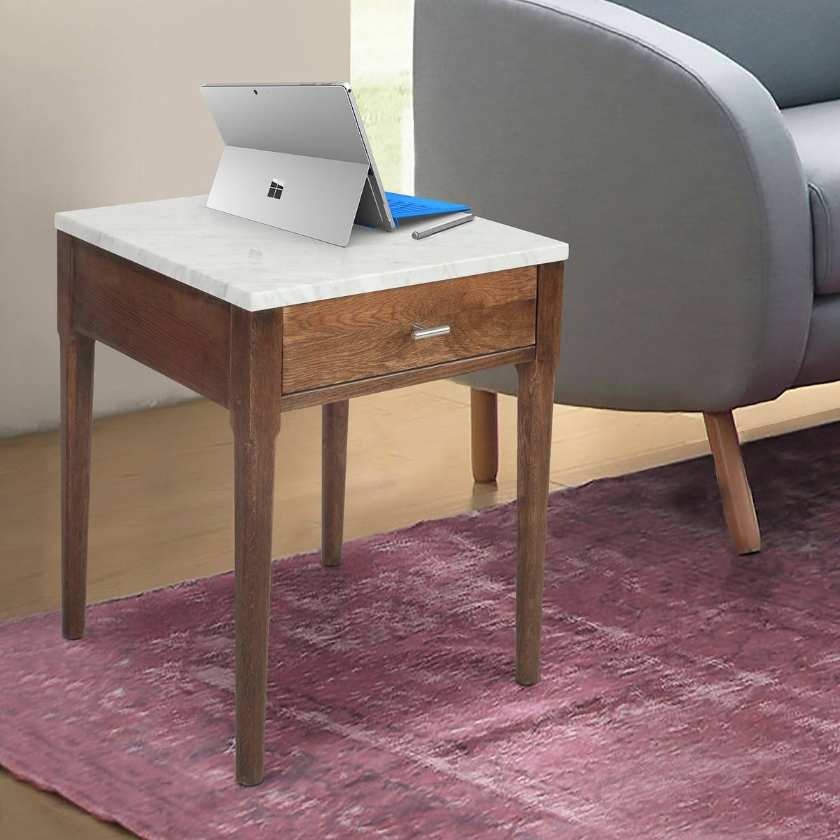 18x22 White Marble Side Table with Walnut Leg M741580