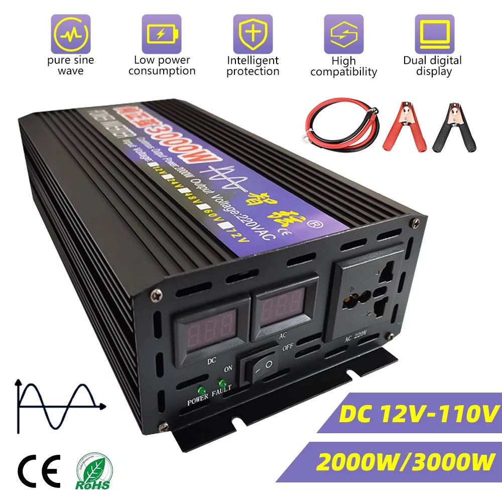 2000 Watts Pure Sine Wave Power Inverter DC 12V to AC 110V with LED Display O671