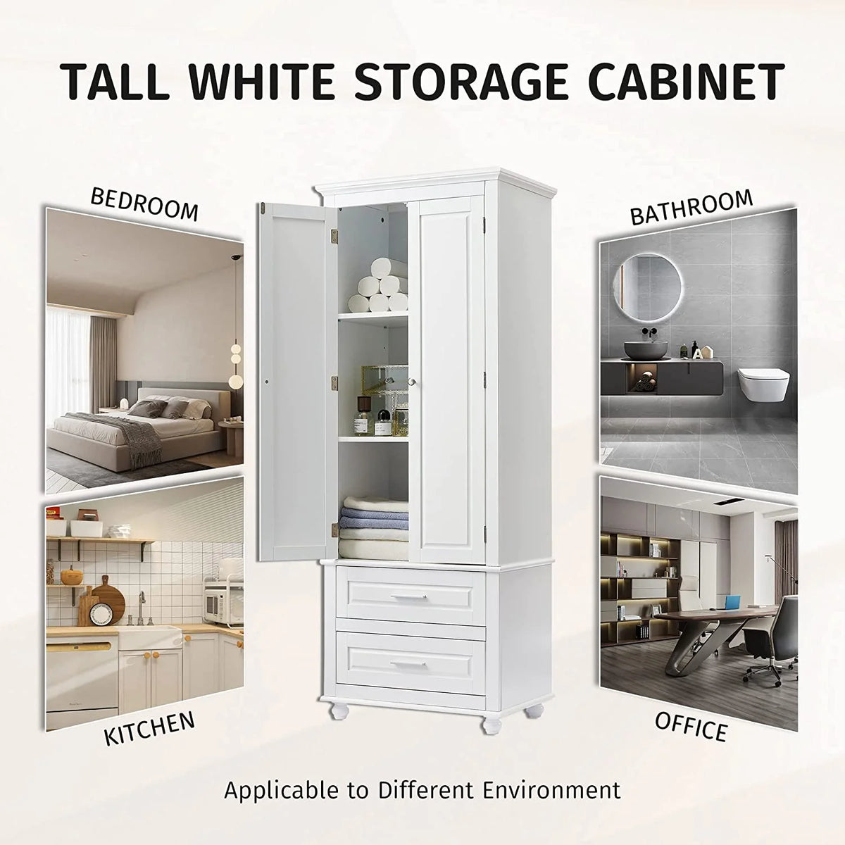 White Storage Cabinet with Doors and 2 Drawers A9203