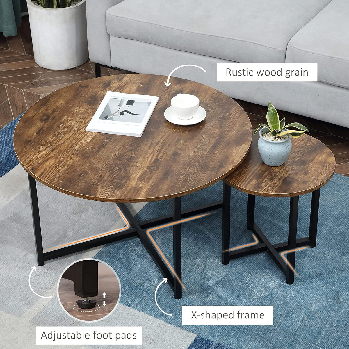 Set of 2 Round Coffee Table with Metal Frame X922015