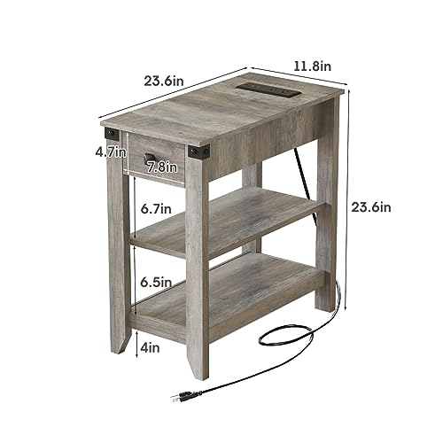 Set of 2 Narrow Side Table with Charging Station and Storage Drawer Rustic Grey F64988