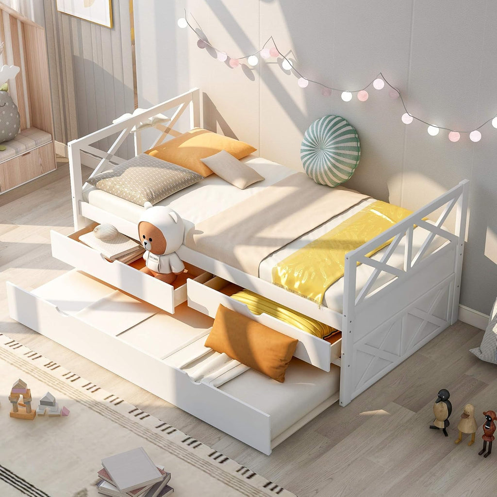 White Wood Twin Captain's Daybed with Trundle and 2 Storage Drawers G72131