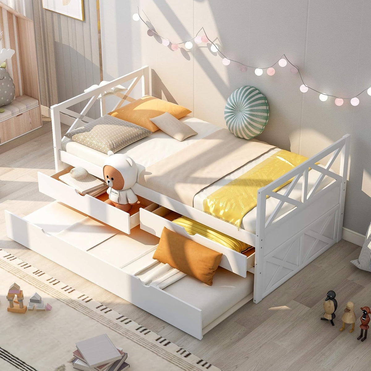 White Wood Twin Captain's Daybed with Trundle and 2 Storage Drawers G72131
