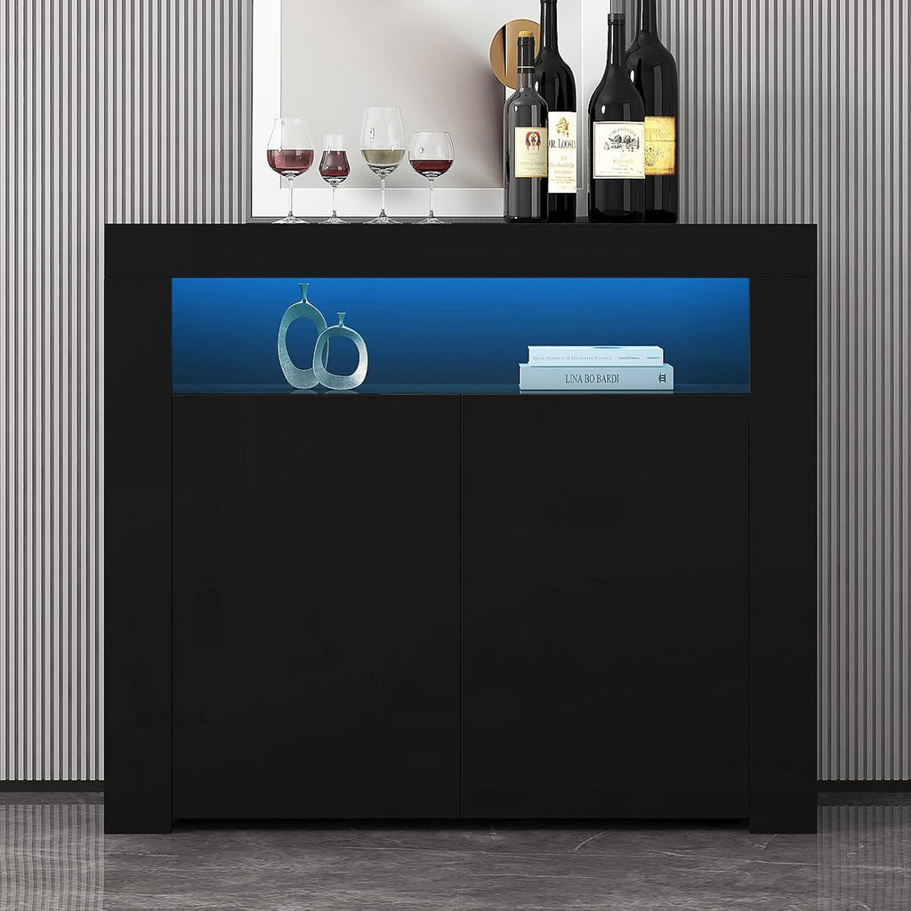 Black High Gloss Sideboard with Storage Cabinet & LED Lights, 1 Door & 2 Open Shelves F6023