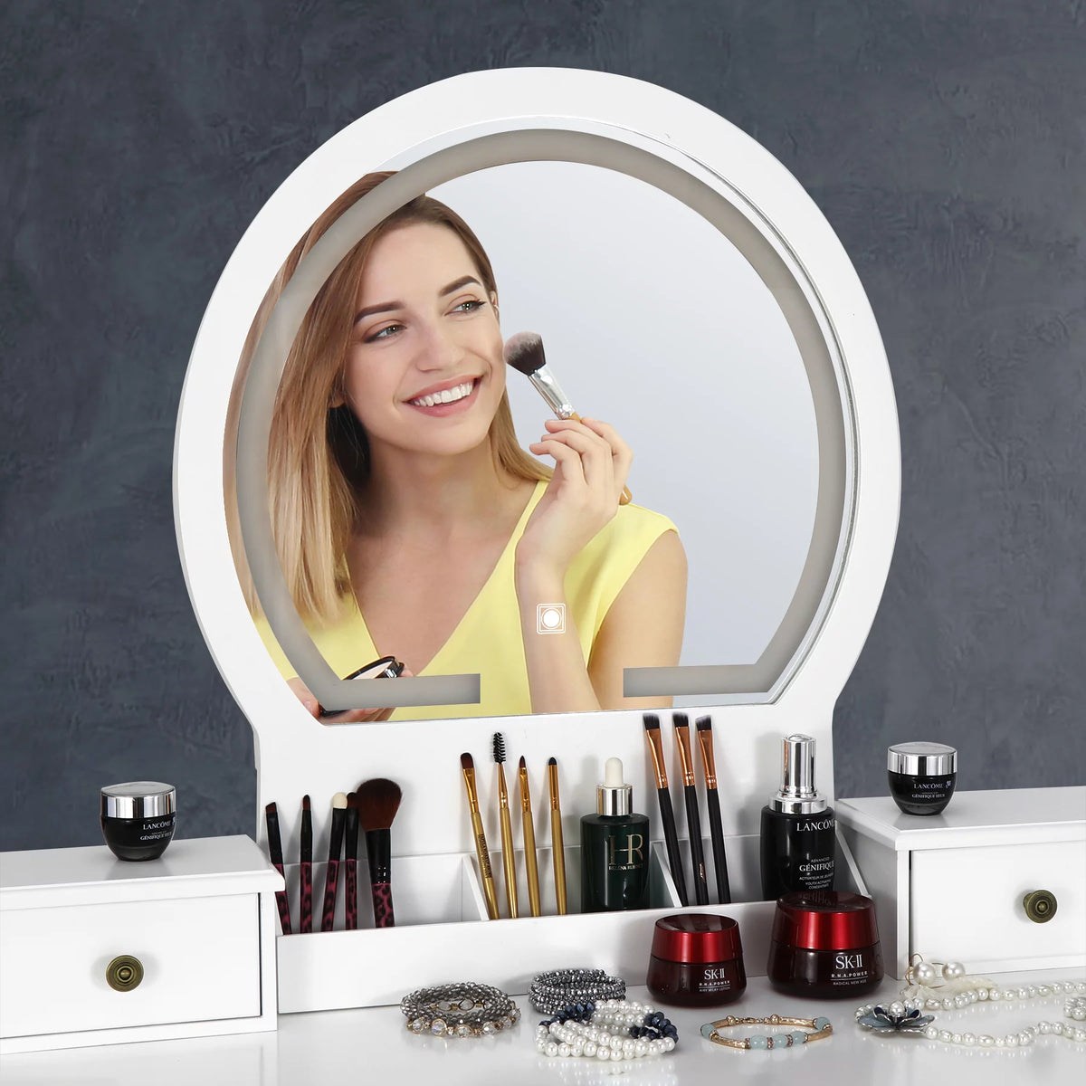 White Vanity Table Set with Lighted Mirror and 4 Drawers R289896