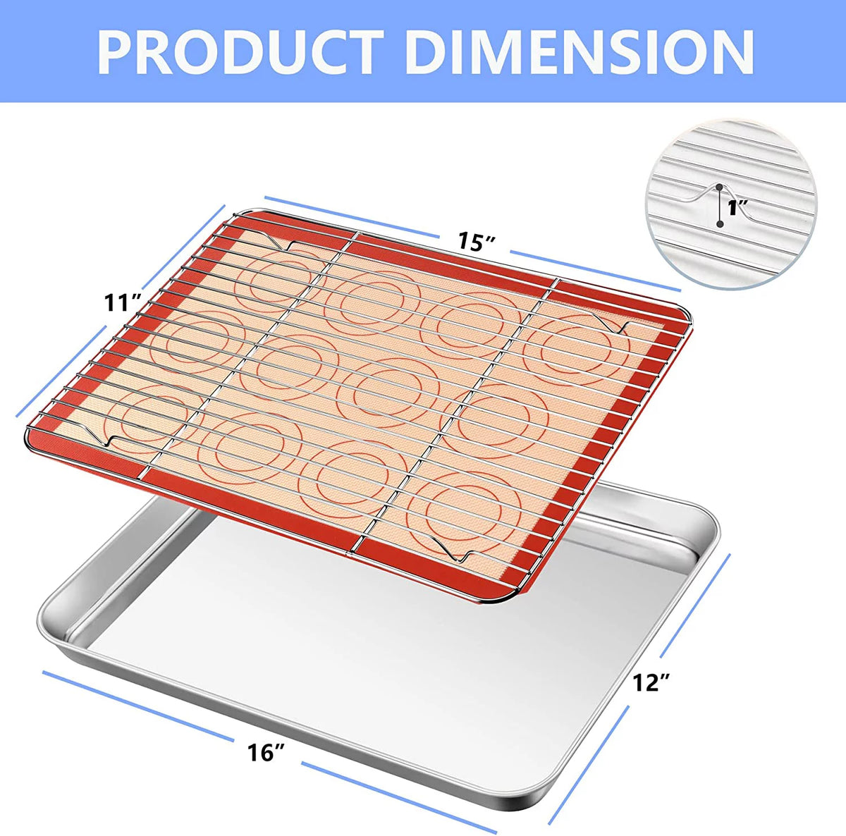 16 inch Stainless Steel Baking Sheet with Rack & Mat Set of 6 E9639