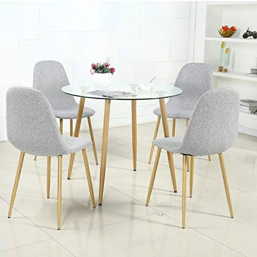 5 Pieces Round Glass Dining Table Set with Fabric Chairs T2169