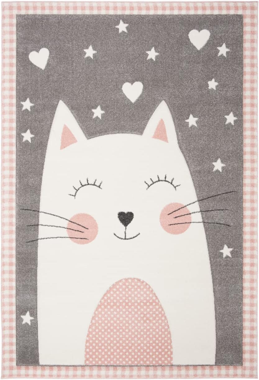 9' x 12' Pink Grey Cat Design Area Rug N767
