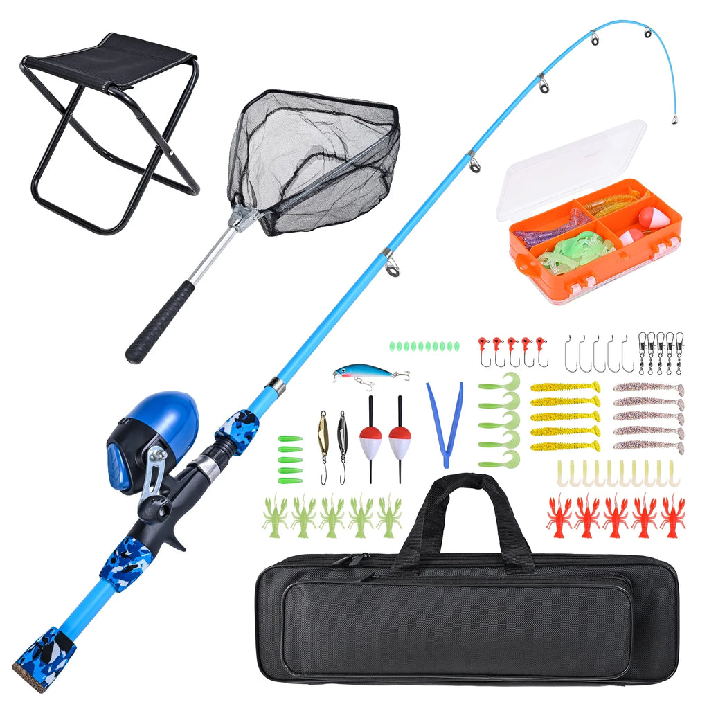 Kids Fishing Rod and Reel Combo with Collapsible Fishing Stool, Landing Net, and Tackle Box E517911