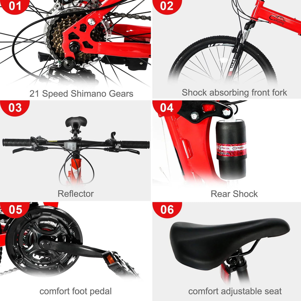 Folding Mountain Bike 21-Speed 26 inch Wheels Red V440495