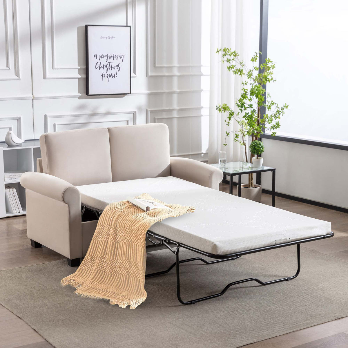Beige Convertible Sleeper Sofa with Memory Mattress L902413