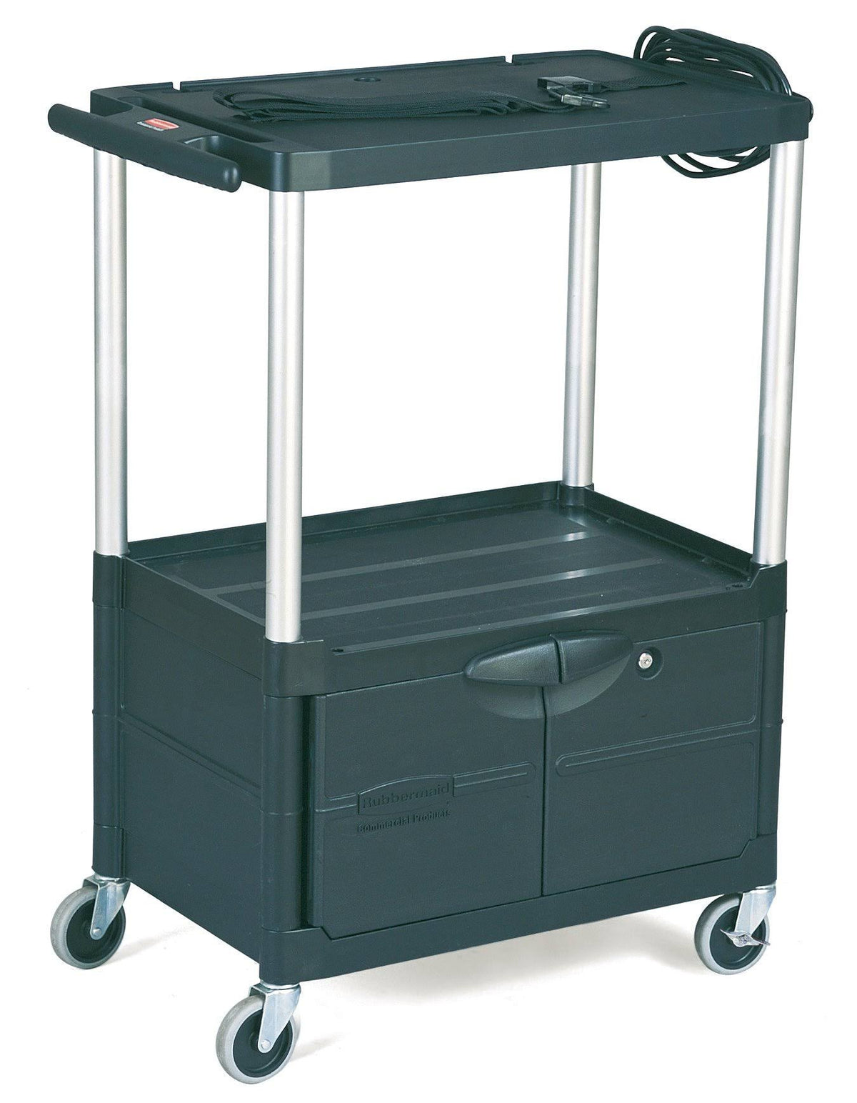 Black Three-Shelf AV Cart with Cabinet U750035