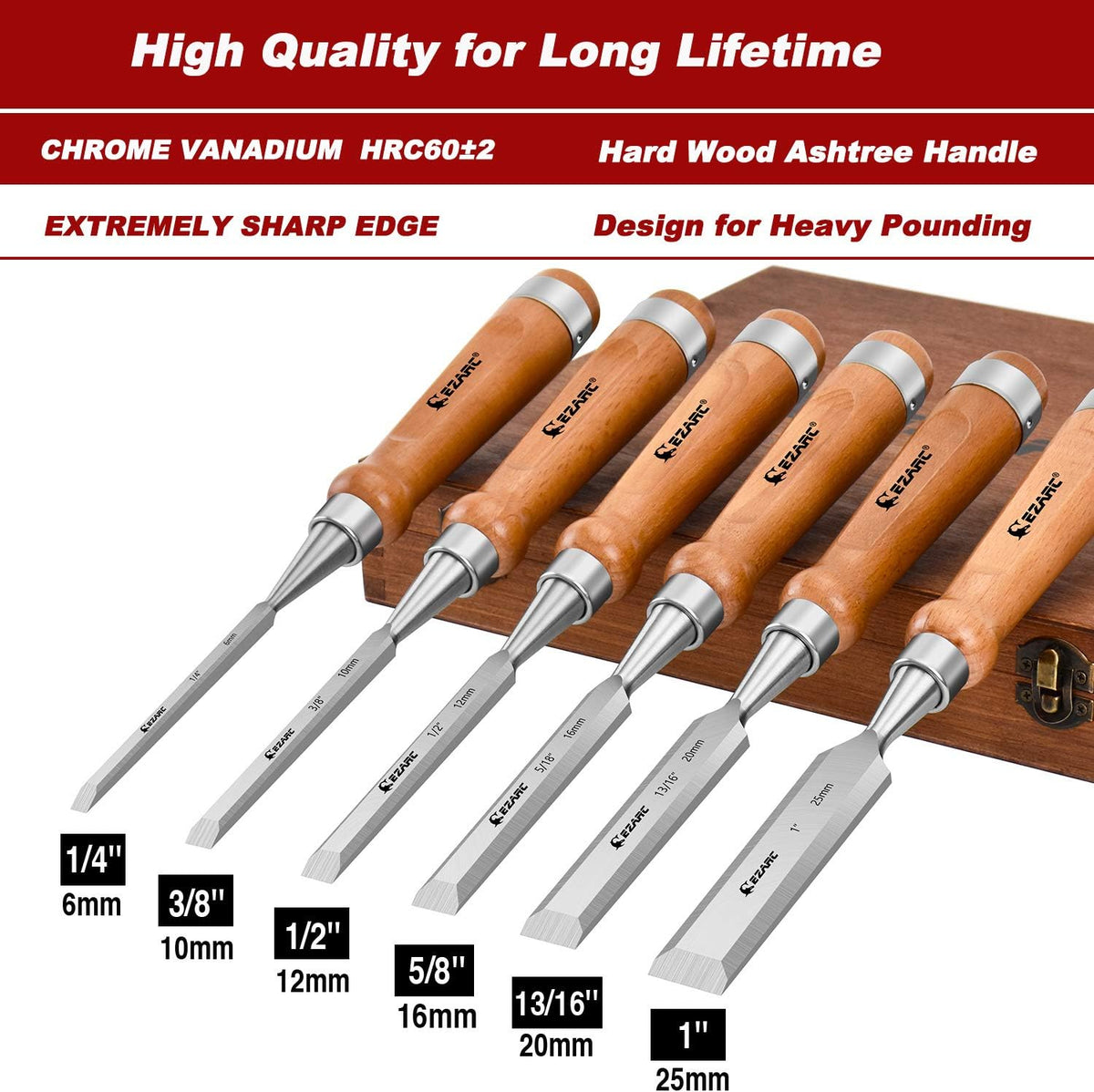 6 Pieces Wood Chisel Set with Wooden Case F971