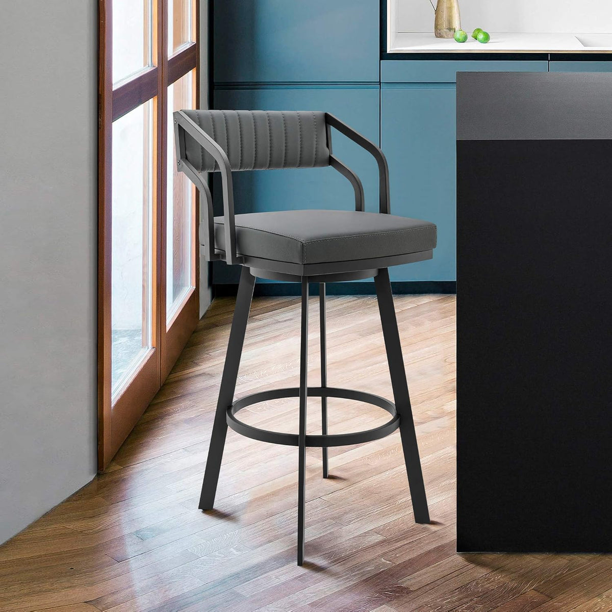 26 Counter Height Swivel Barstool with Black Finish and Slate Grey Faux Leather W118