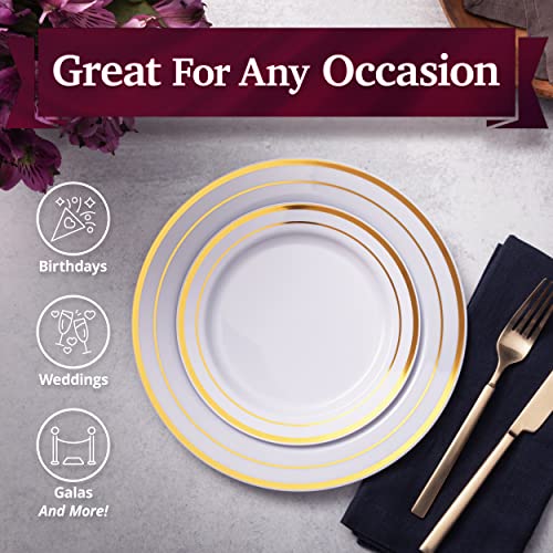100 White Plastic Plates with Gold Trim, 50 Dinner Plates 10.25" + 50 Salad Plates 7.5" K7244