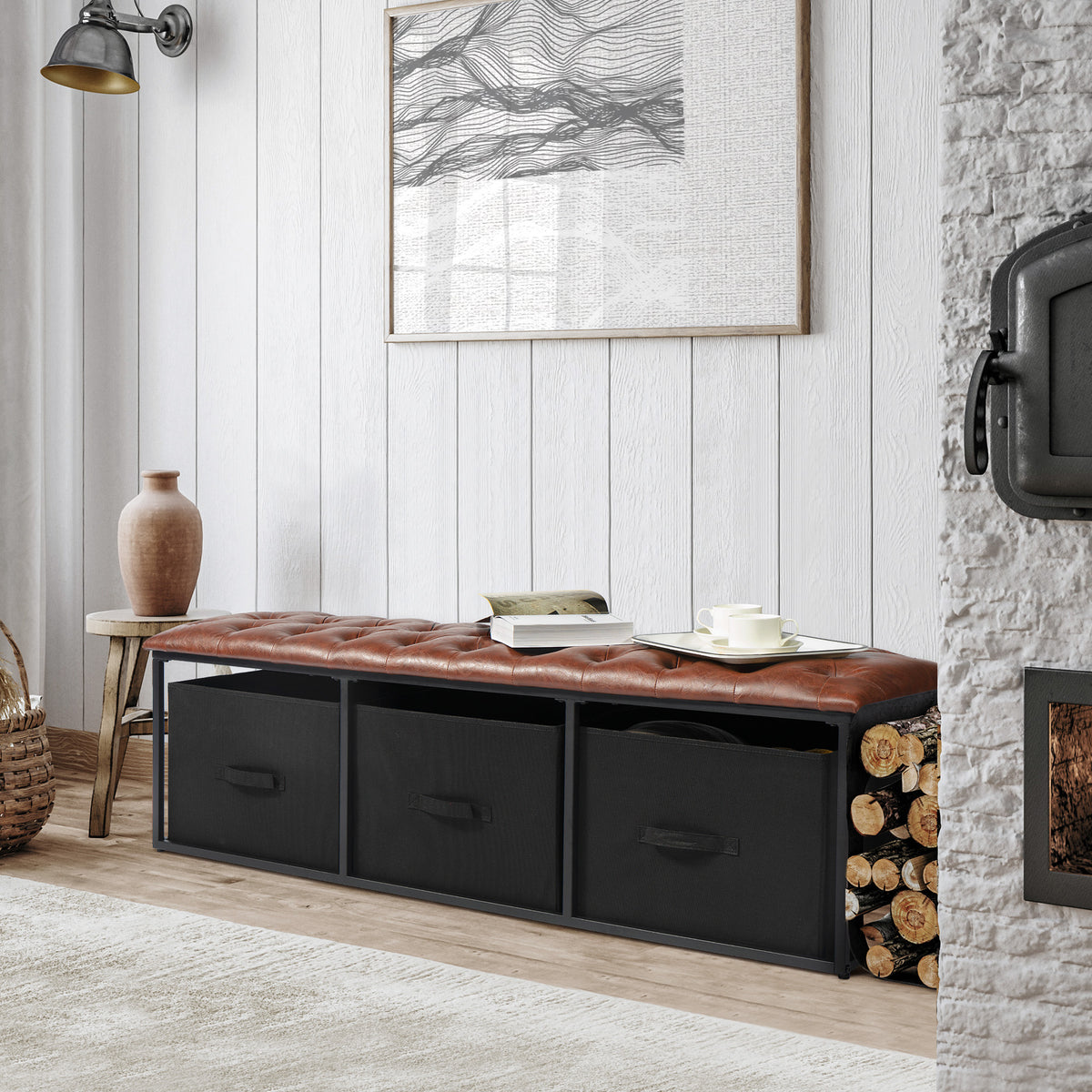 Brown Button Tufted Faux Leather Storage Bench C2204