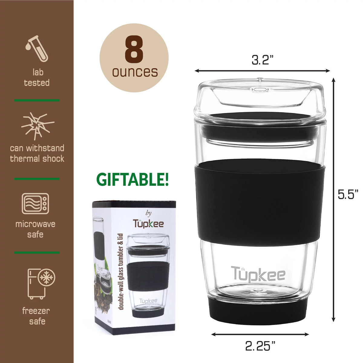 Black 8-Ounce Double Wall Glass Tumbler with Lid I8417