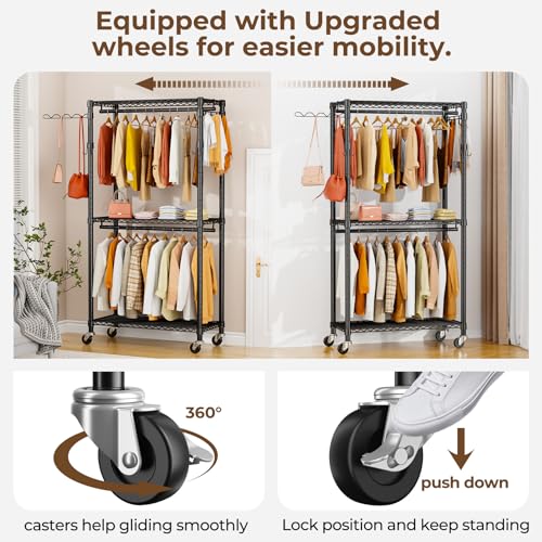 Black Heavy Duty Metal Freestanding Clothing Rack with Shelves & Wheels Y512236
