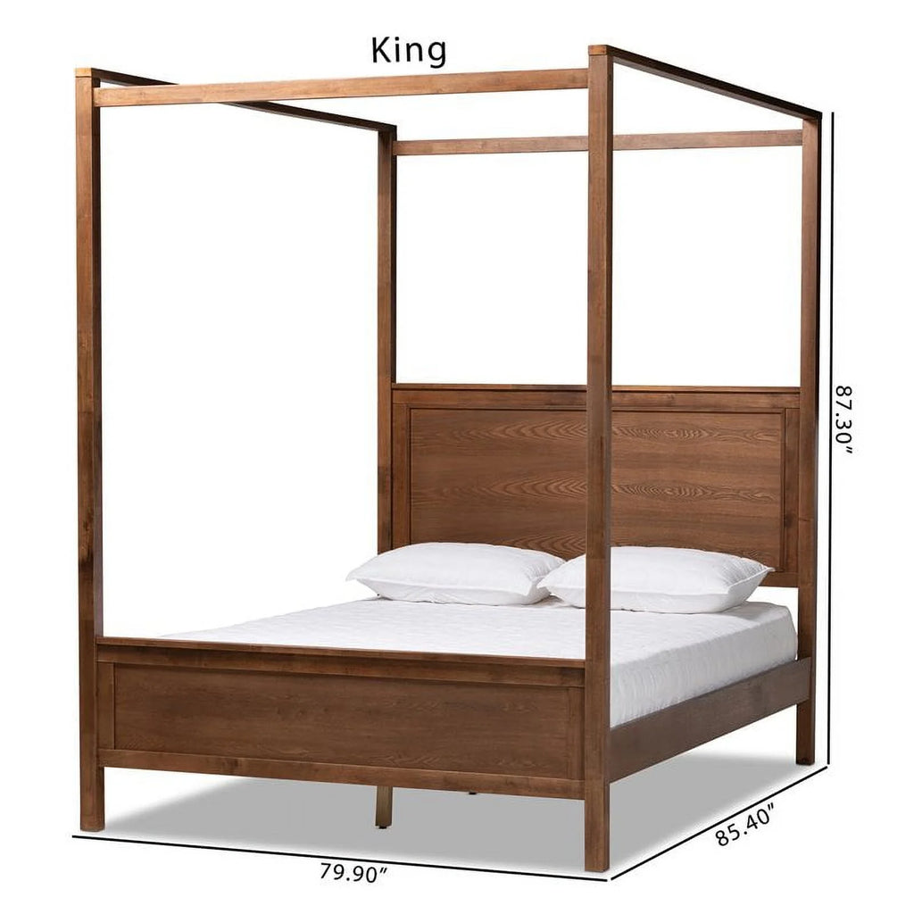 Queen Size Walnut Finished Wood Canopy Bed S217