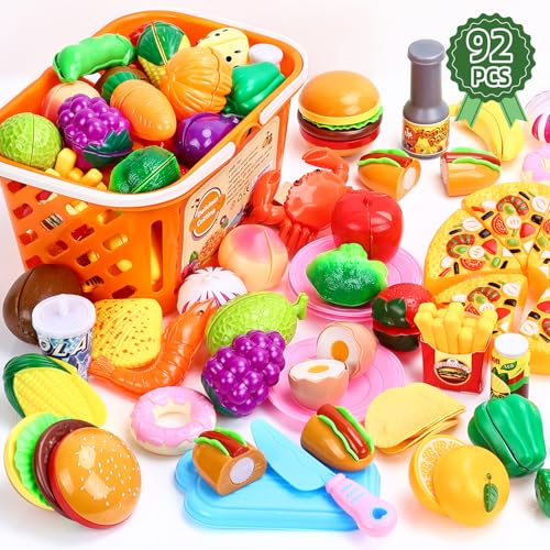 Play Food with Cutting Fruits & Vegetables, Plastic Mini Dishes Shopping Basket and Knife X423485