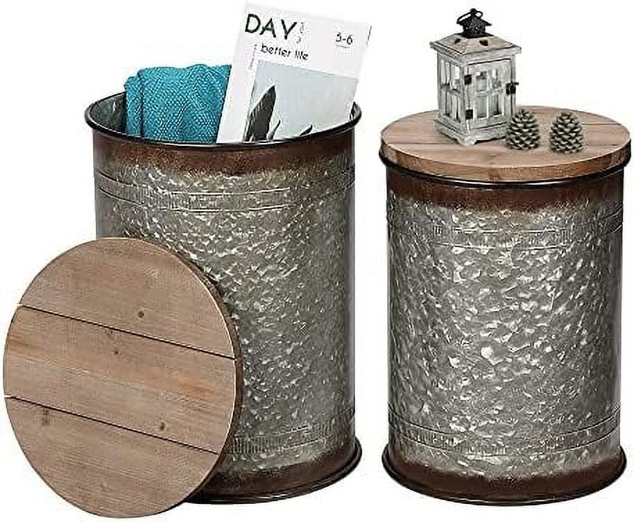 Farmhouse Accent Side Table Ottoman Seat Stool Metal End Table Box Bin with Round Wood Lid G84806