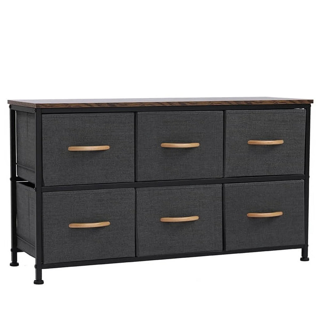 Gray 6 Drawer Fabric Dresser with Wooden Tabletop C5958
