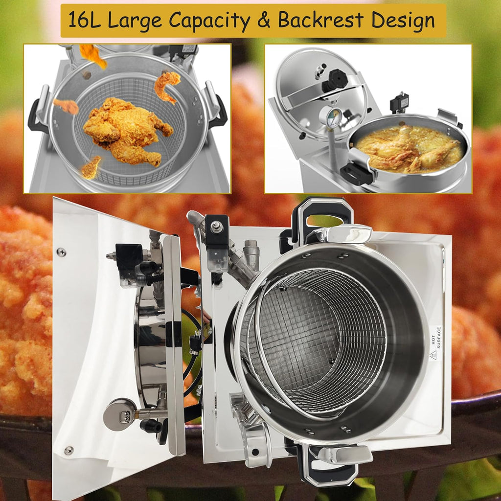 16L Stainless Steel Countertop Pressure Fryer with Timer and Variable Thermostat B363980
