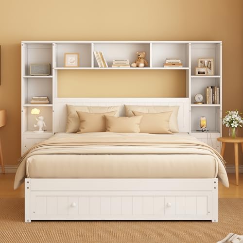 White Full Size Wood Platform Bed with Bookcase Headboard and Drawers J841898