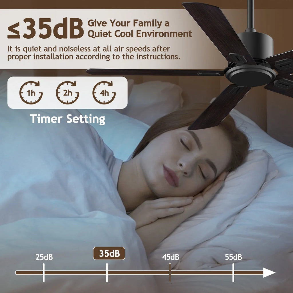 52" Ceiling Fan with Remote Control No Light, 6 Speeds Reversible DC Motor 5 Blades Black/Walnut C2687