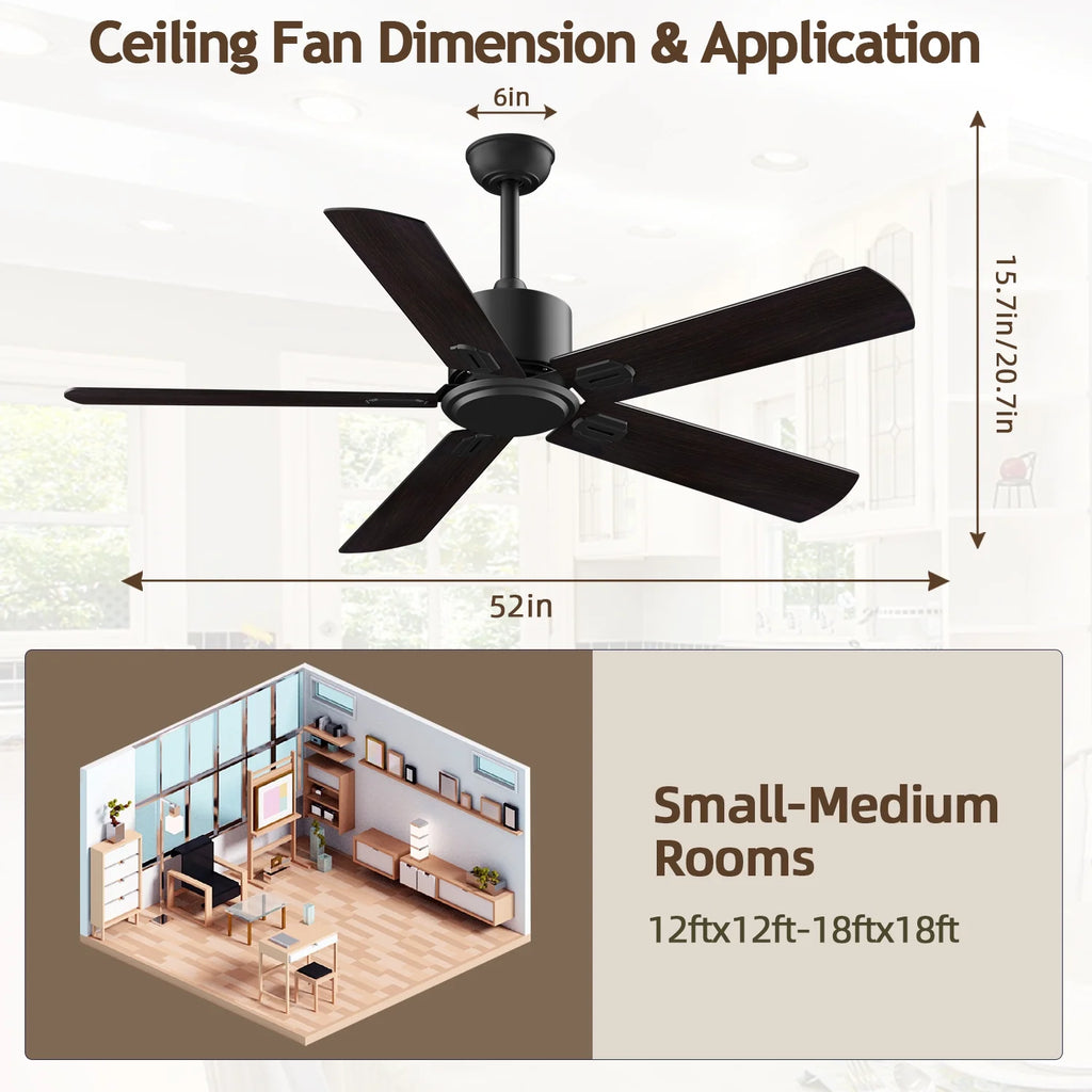52" Ceiling Fan with Remote Control No Light, 6 Speeds Reversible DC Motor 5 Blades Black/Walnut C2687