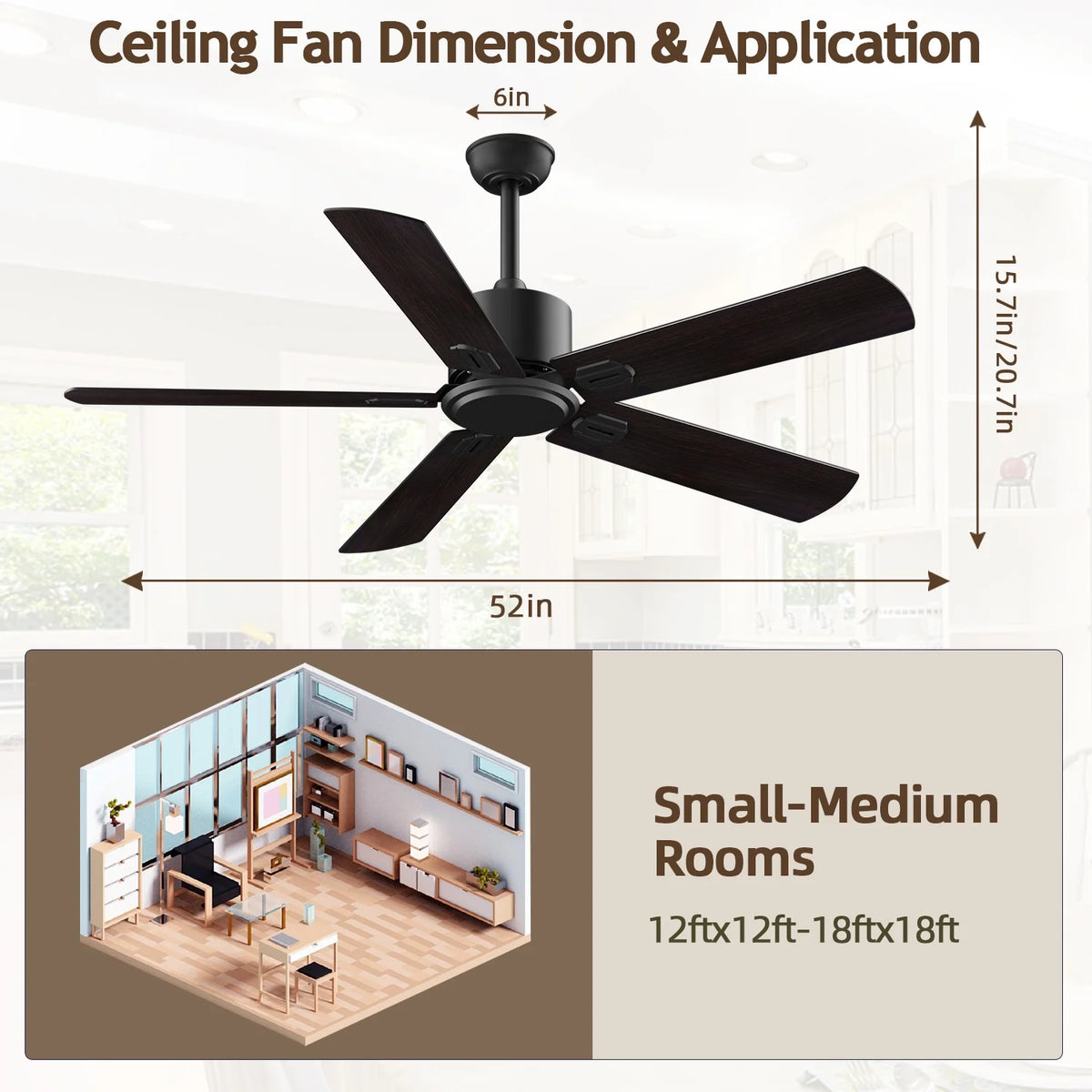 52" Ceiling Fan with Remote Control No Light, 6 Speeds Reversible DC Motor 5 Blades Black/Walnut C2687