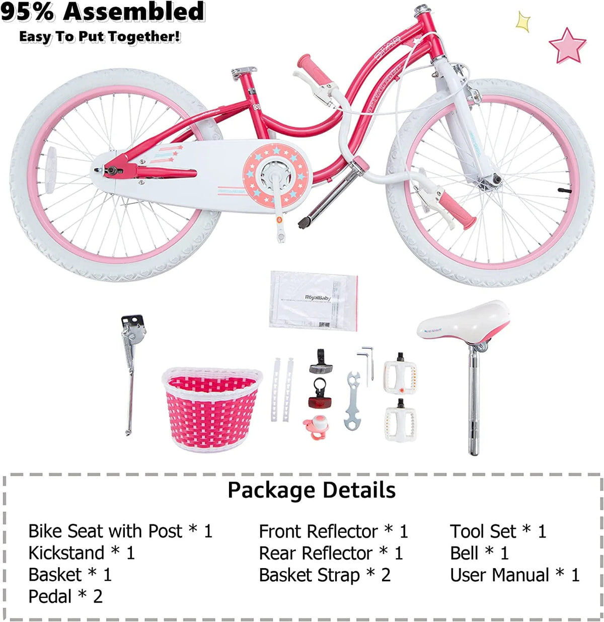 20 Inch Kids Bike with Kickstand Basket Pink K6073