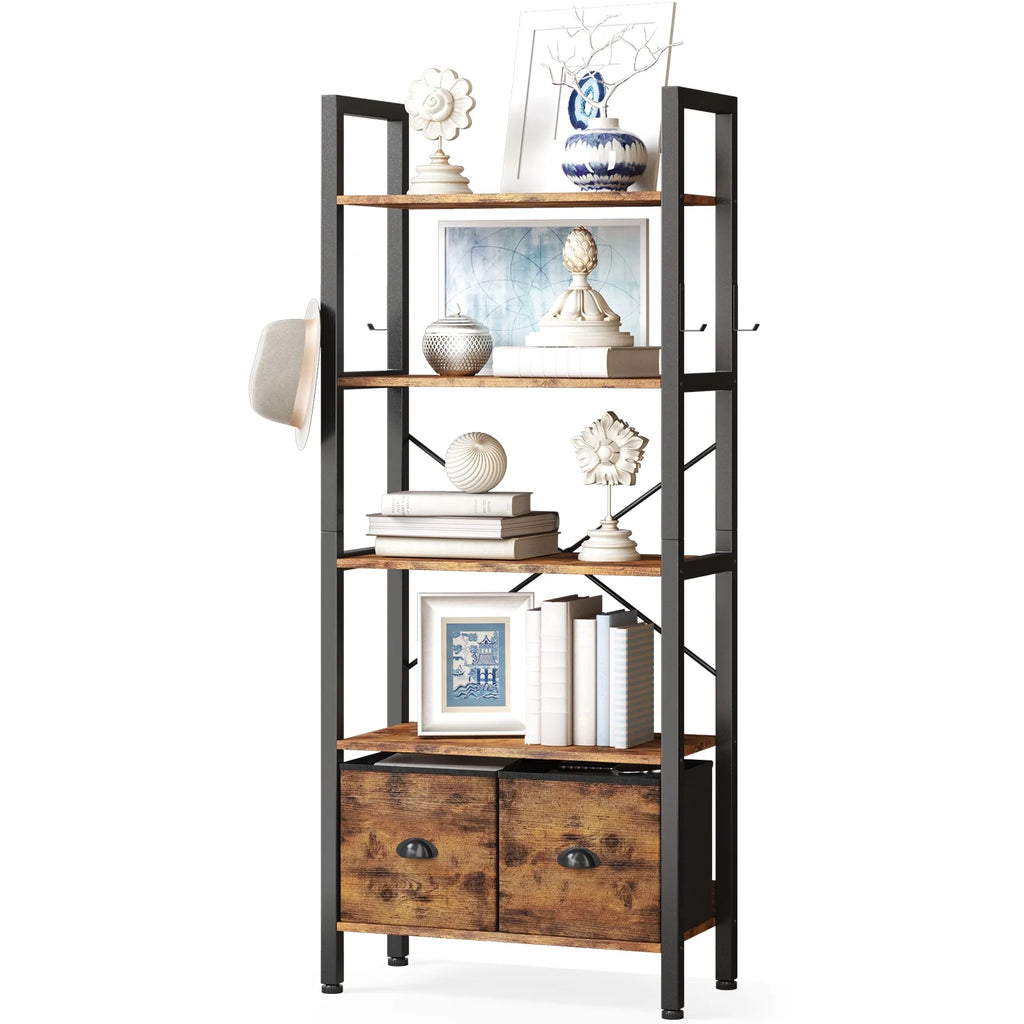 5 Shelf 2 Drawer Rustic Brown Bookcase Y7181