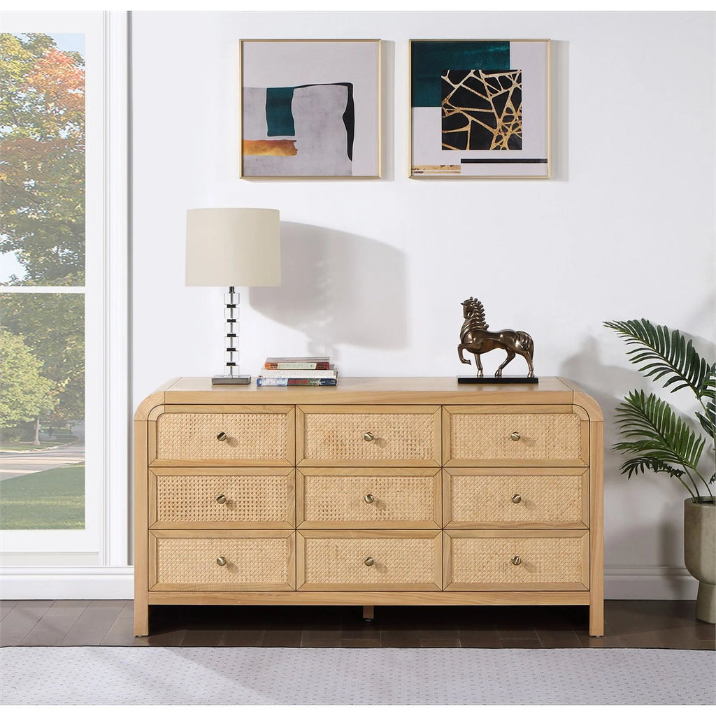 Brown 9-Drawer Rattan Wood Dresser C9249