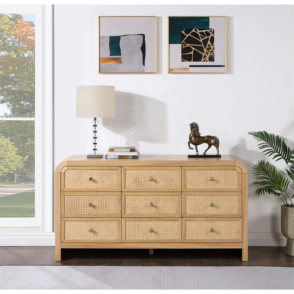 Brown 9-Drawer Rattan Wood Dresser C9249