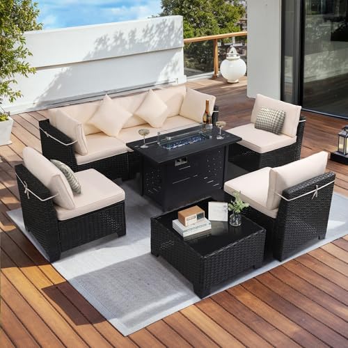 7 Pieces Patio Furniture Set with Cushions and Glass Coffee Table E569233