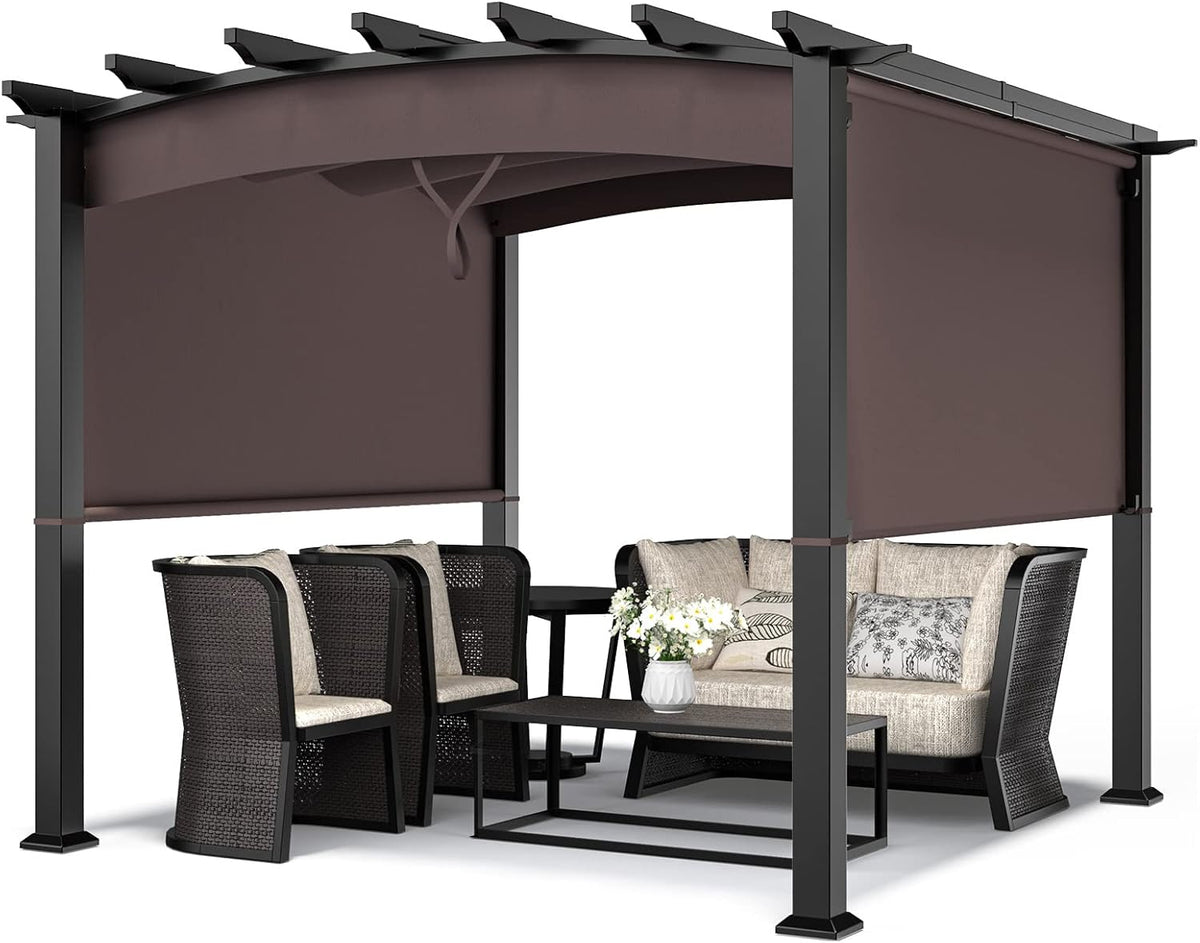 10 X 10FT Beige Steel Pergola with Retractable Canopy O536