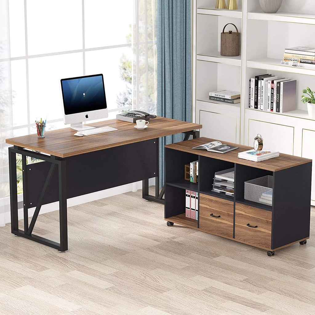 L-Shaped Computer Desk with File Cabinet and Storage Shelves V725