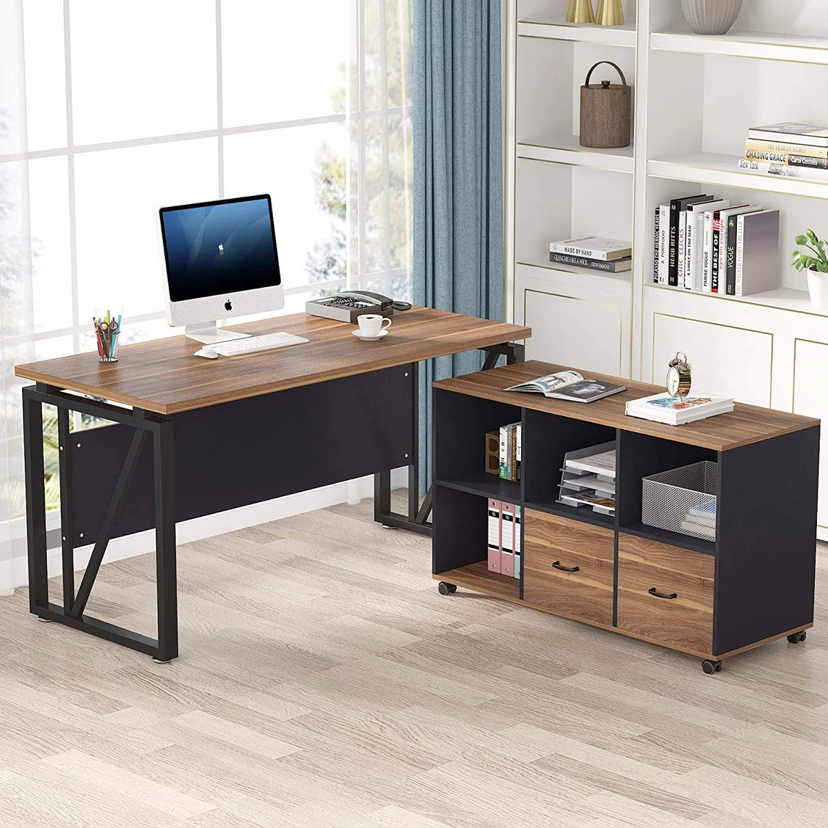 L-Shaped Computer Desk with File Cabinet and Storage Shelves V725