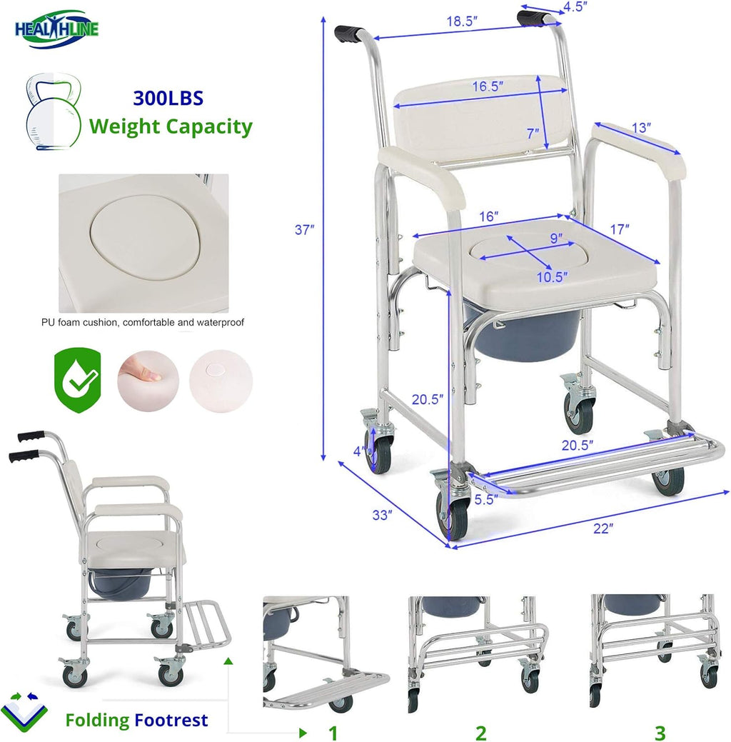 Medical Commode Toilet Rolling Shower Chair With Casters C630