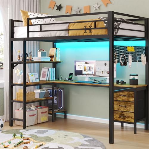 Twin Metal Loft Bed with L-Shaped Desk, LED Lights, Charging Station, Fabric Drawers & Shelves, White S2433