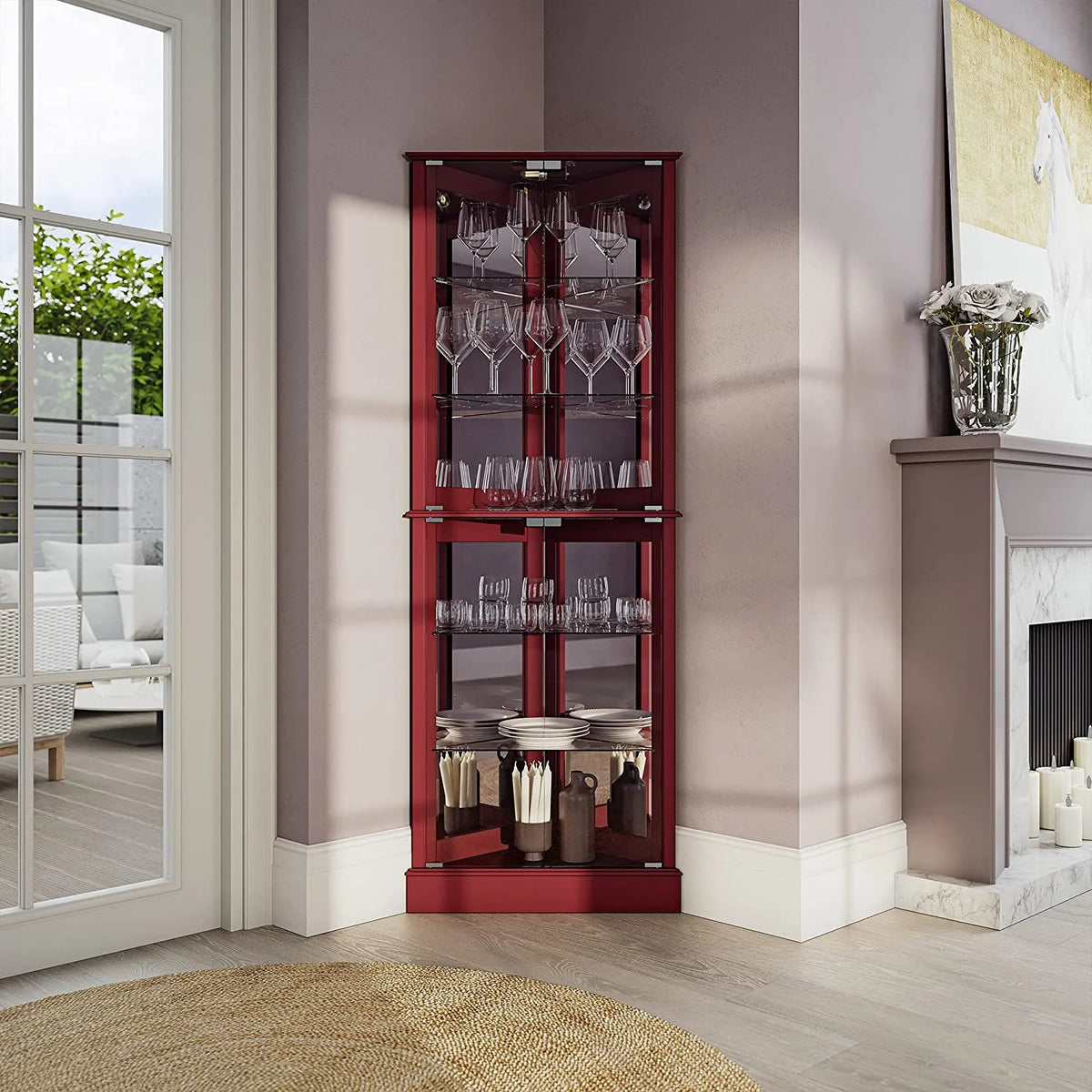 Lighted Corner Curio Cabinet with Tempered Glass Door, 6 Shelves T809230