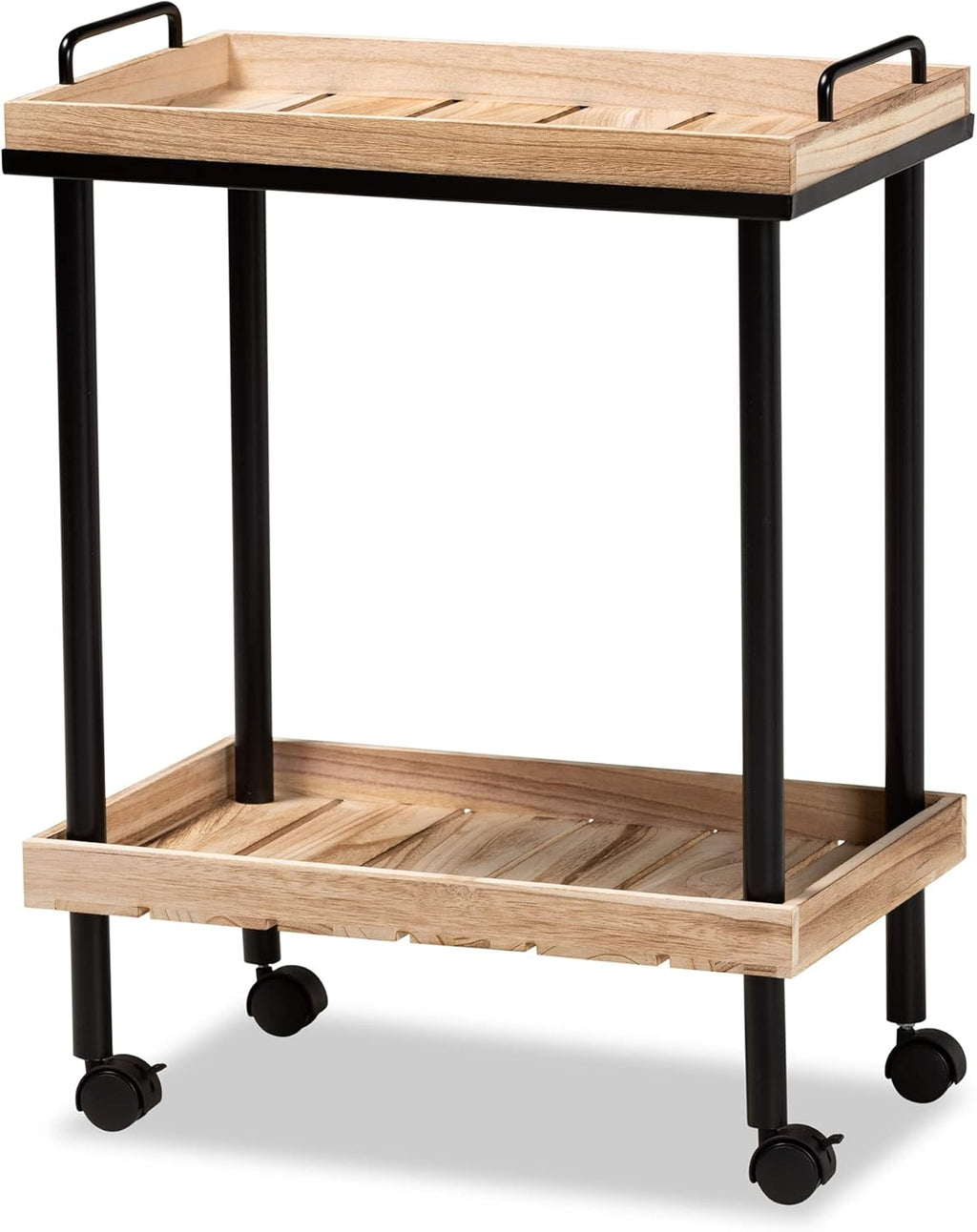 Oak Brown Finished Wood and Black Metal Kitchen Cart W588