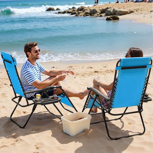 Zero Gravity Chairs Set of 2 Adjustable Steel Mesh Recliners with Cup Holder Tray and Pillow C8975