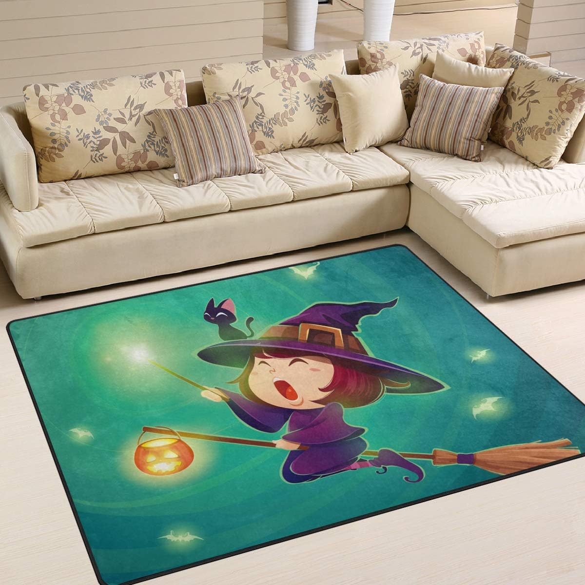 Halloween Flying Little Witch Green Lightweight Carpet Mats Area Soft Rugs Floor Mat Rug A130