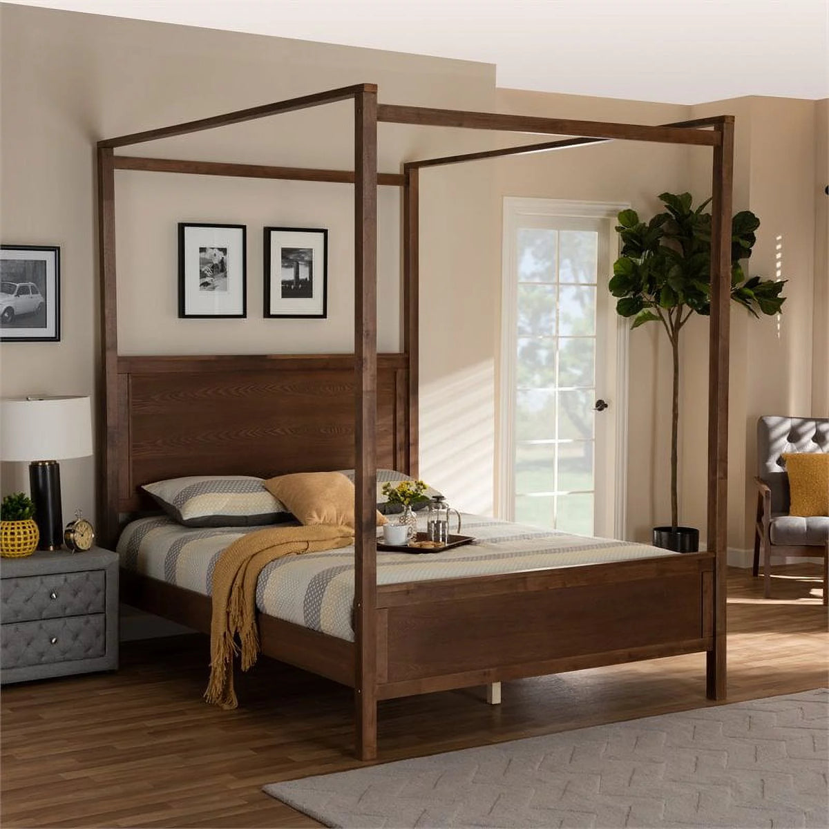 Queen Size Walnut Finished Wood Canopy Bed S217
