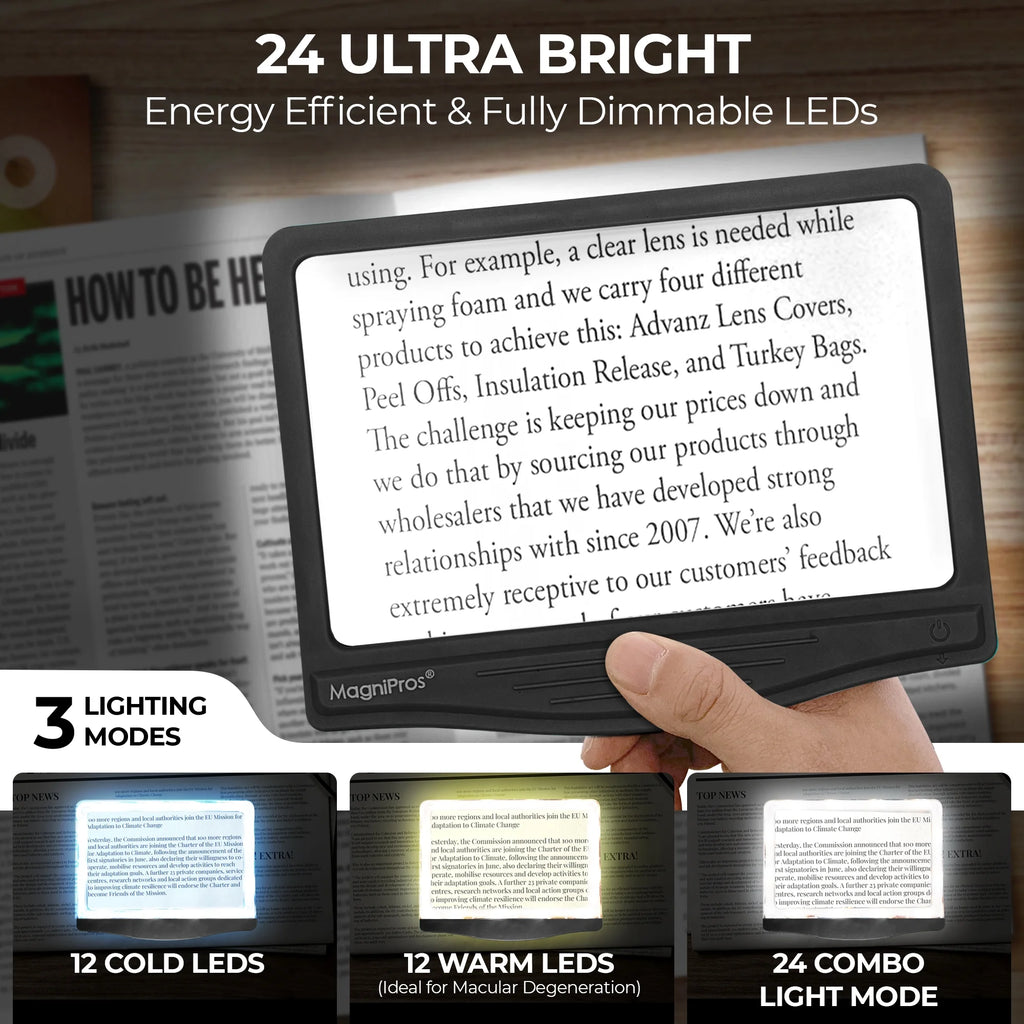 5X Large LED Full Page Magnifying Glass with Collapsible Hands-Free Stand & 3 Color Modes F931