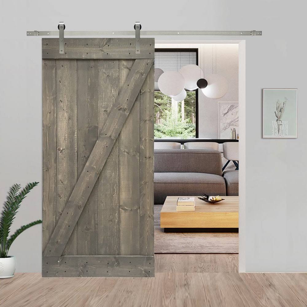 24 in. x 84 in. Gray Stained Solid Knotty Pine Wood Interior Sliding Barn Door with Hardware Kit J959110
