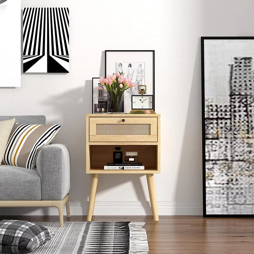 Rattan End Table with 1 Drawer and Open Storage Shelf A370329