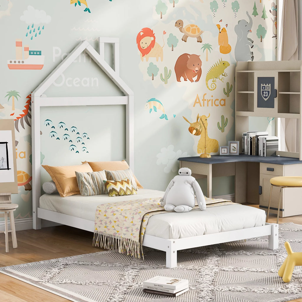 White Wood Twin Platform Bed with House Shaped Headboard P293641